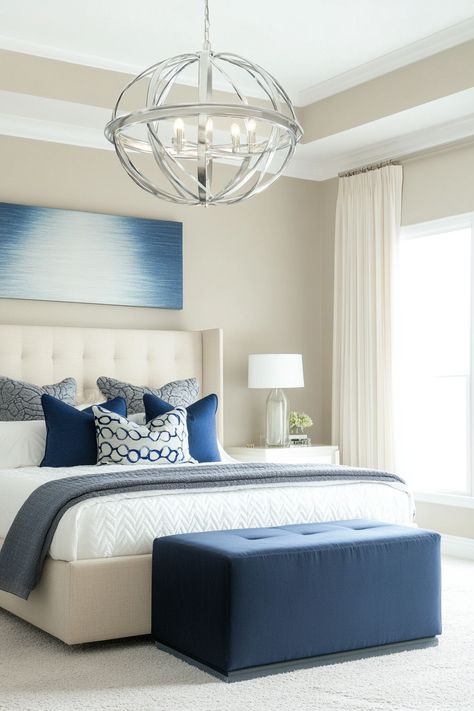 Blue and beige bedroom decor is all about creating a serene and sophisticated ambiance.  Explore these 25 inspiring blue and beige bedroom decor ideas, featuring everything from statement furniture to cozy textiles, and discover how to elevate your space with this classic color pairing. Blue And Beige Bedroom Ideas, Blue Beige Bedroom, Blue And Beige Bedroom, Blue And Cream Bedroom, Beige Bedrooms, Beige Bedroom Ideas, Blue Bedside Tables, Beige Headboard, Beige Bedroom Decor