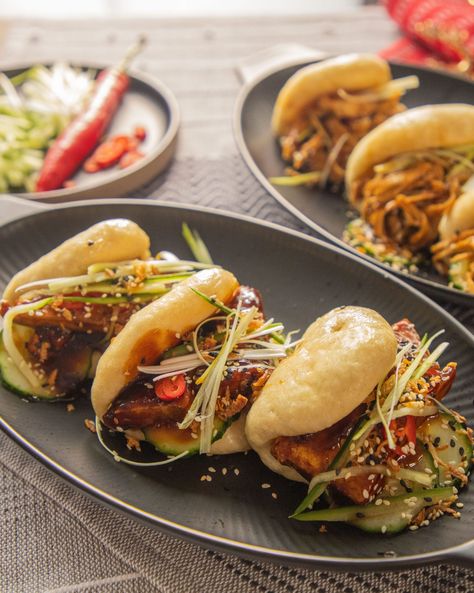 Hoisin Tofu Bao Buns - Ainsley Harriott Tofu Bao Buns, Tofu Bao, Hoisin Tofu, Crunchy Stuffing, Baked Scalloped Potatoes, Roasted Vegetable Couscous, Coco Bar, Vegetable Couscous, Brown Rice Salad