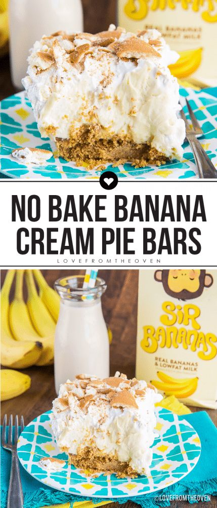 No-Bake Banana Cream Pie Bars • Love From The Oven Banana Cream Pie Bars, No Bake Banana Cream Pie, Bake Banana, Banana Bread Pudding, Banana Cream Pie Recipe, Banana Dessert Recipes, Custard Desserts, Banana Dessert, Easy No Bake