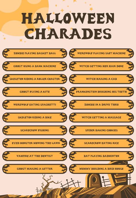 Printable Halloween Charades Game Cards Halloween Birthday Games Adults, Halloween Games To Play At A Party, Halloween Games For Staff, Halloween Activities In The Classroom, Fall Themed Party Activities, Halloween Charades For Teens, Halloween Party For Families, Halloween Ice Breaker Games, Halloween Themed Scavenger Hunt