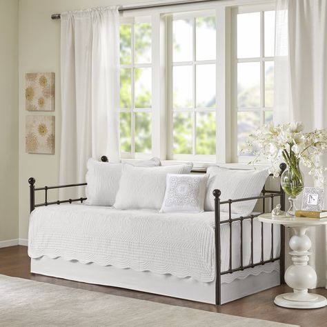 Home Essence Genoa 6 Piece Reversible Scalloped Edge Daybed Cover Set - Walmart.com - Walmart.com Daybed Decor, Daybed Bedding Sets, White Daybed, Trundle Beds, Daybed Room, White Bedrooms, Daybed Sets, Daybed Cover Sets, Metal Daybed