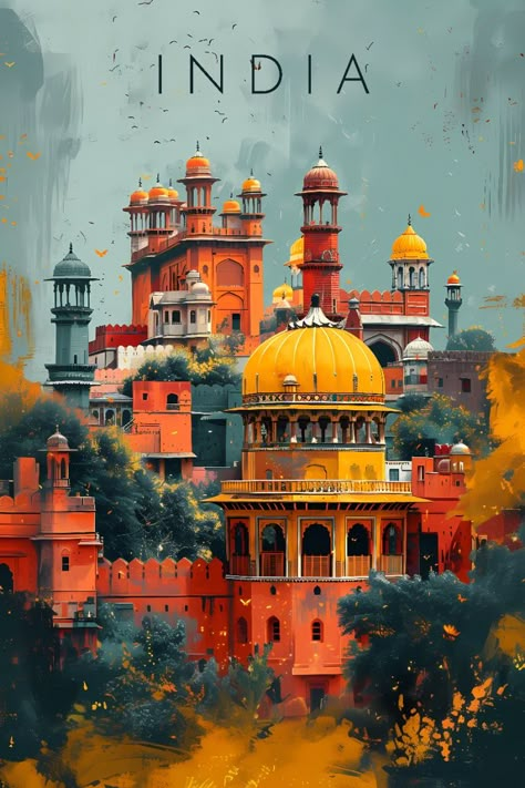 India travel poster, digital downloadable wall print on Etsy. Cultural Heritage Of India Poster, Digital Indian Art, Travel Art Aesthetic, India Travel Posters, Made In India Poster, India Digital Art, Digital India Poster Painting, Travel Photography India, Digital Art Poster Graphic Design