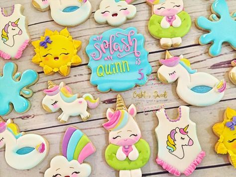 Unicorn Pool Party, Pool Party Cakes, Pool Party Themes, Party Sweets, Pool Party Decorations, Up Balloons, Rainbow Birthday Party, Cookie Inspiration, Valentine Cookies