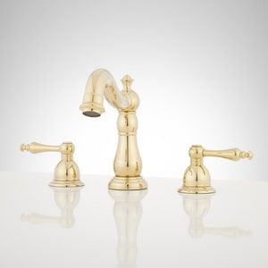 Signature Hardware Enid Two Handle Widespread Bathroom Sink Faucet in Polished Brass - 437386 - Ferguson Brass Faucet Bathroom, Traditional Faucet, Bathroom Faucets Brushed Nickel, Kitchen Appliances Luxury, Console Sink, Faucet Bathroom, Ceiling Fan Design, Porcelain Sink, Widespread Bathroom Faucet