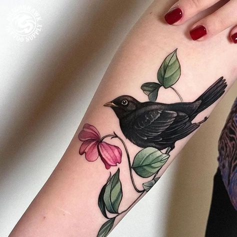 Done by Dragonhawk Machine Bird Coverup Tattoo, Blackbirds Tattoo, Nanas Tattoo, Flower Bird Tattoo, Crow Tattoos For Women, Tattoo Coverup Ideas, Vanessa Core, Blackbird Tattoo, Core Tattoo