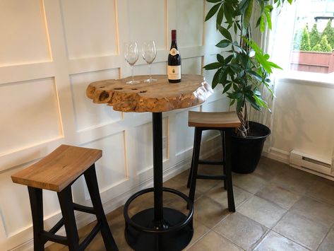 Pub Table Island, High Top Bar Table Living Room, Live Edge High Top Table, Kitchen Pub Table Ideas, Live Edge Pub Table, Bar Top Table Ideas, Pub Table Decor Ideas, Live Edge Bar Table, High Top Bar Table