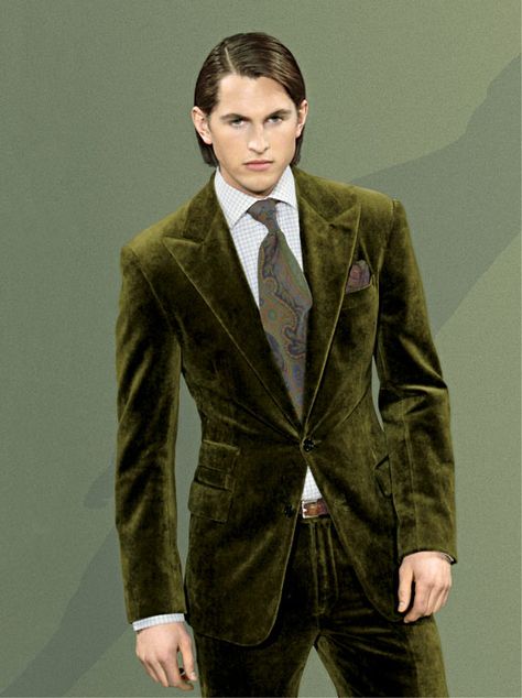 RL Purple Label Velvet Tailored 2006 Green Suit Men, Cocktail Attire Men, Boys Tuxedo, Blazer Outfits Men, Winter Suits, Velvet Suit, Dapper Gentleman, Mens Attire, Green Suit