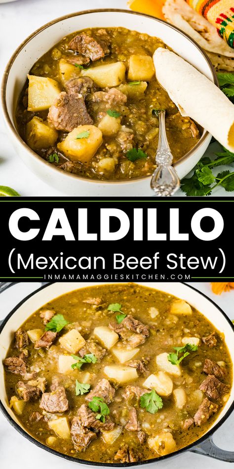 Caldillo is the ultimate comfort food. This authentic Mexican stew features beef and potatoes covered in a rich green sauce. It’s a delicious and cozy dish you don’t want to miss. Beef Guiso Recipe Mexican, Beef Stew Mexican Recipe, Beef Stew Meat Taco Recipes, Stew Meat And Potatoes Recipes, Beef Caldillo Recipe, Stew Meat Recipes Crock Pot Mexican, Beef Potatoes, Carne Asada And Potatoes Recipes, Mexican Stew Meat Recipes