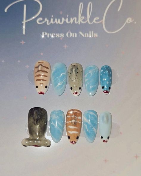 **Nails above are Medium Length Almond** This set is made for any Shark 🦈  Lover out there! ❤️ or maybe you just love aquatic animals? You will definitely love this quirky and cute set!  The hammer 🦈 is my favorite!❤️ Nails are made to order, therefore keep in mind they may be slightly different than picture shown above. XL-XXL NAILS ARE MEASURED DIFFERENT. PLEASE INCLUDE THE SIZE IN MM FOR THESE NOT BY NUMBER 0-9. I offer both sculpted and natural tips for only Long Coffin, Long Stiletto, & L Shark Nails Acrylic, Character Nails Designs, Shark Nail Designs, Aquatic Nails, Almond Nails Cute, Silly Nails, Shark Nail Art, Shark Nails, Flat Nails