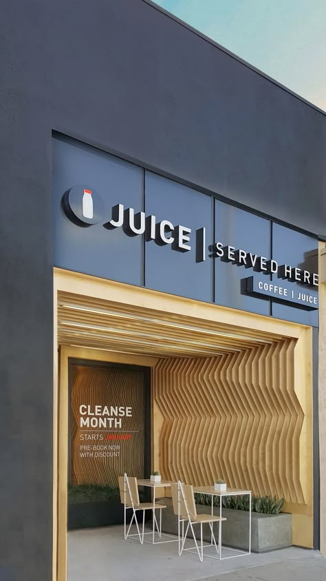 Nestled in an 800 sq.ft. space, the entryway to the project was setback into a patio, drawing an escape from the window with a zero-setback streetscape. The patio walls are paneled with Baltic-Birch wooden geometry and a pivoting storefront glass door. The paneling continues into the shoppe... Storefront Glass, Juice Bar Design, Retail Facade, Shop Facade, Storefront Design, Industrial Bedroom, Fa Fal, Patio Wall, Small Hotel