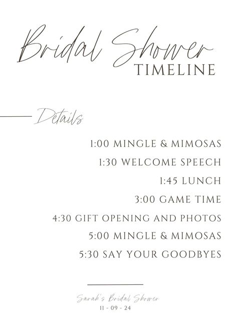 free bridal shower itinerary template Bridal Shower Agenda Template, Bridal Brunch Timeline, When To Have A Bridal Shower Timeline, Bridal Shower Announcements, Bridal Shower Order Of Events, Bridal Shower Itenary, Bridal Shower Timeline Day Of, Planning A Bridal Shower Checklist, Bridal Shower Program Ideas