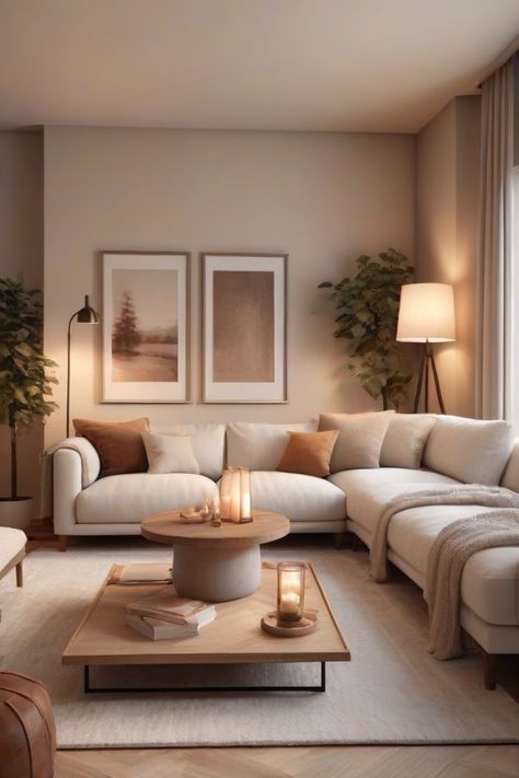 Modern Chill Living Room, Tan Living Room Ideas Neutral Walls, Light Brown Home Decor, Brown Modern Aesthetic, Living Room Themes Apartment Cozy, Small Apartment Living Room Neutral, Sand Coloured Living Room, White And Brown Wood Living Room, Cozy Living Rooms Beige