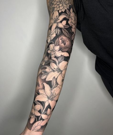 Sleeve Flower Tattoo For Men, Floral Gap Filler Tattoo, Flower Sleeve Filler, Floral Tattoo Sleeve Men, Flower Sleeve Tattoo Men, Mens Flower Sleeve Tattoo, Dark Floral Tattoo Sleeve, Floral Tattoo Design Men, Floral Tattoo Design Sleeve