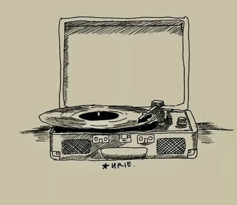 Drawings Of Record Players, Music Related Doodles, Easy Drawings For Beginners Sketches Ideas, Running Out Of Time Art, Turntable Drawing, Music Related Drawings, Record Sketch, Album Drawings, Record Player Drawing