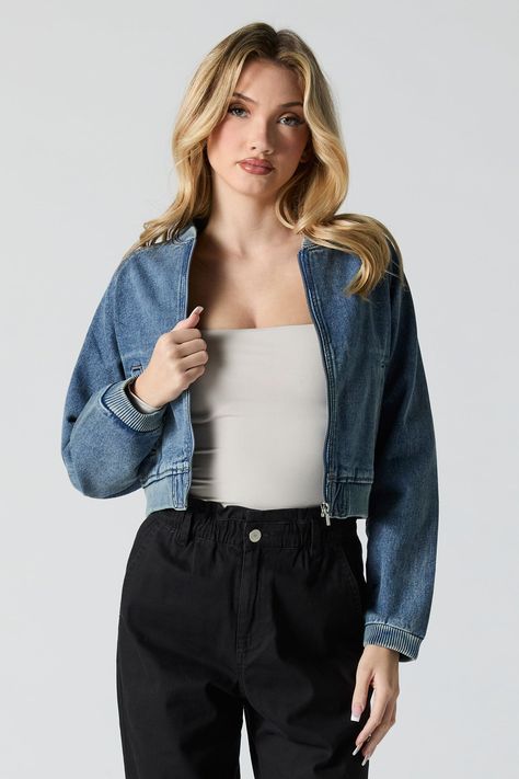 This bomber jacket features denim material, flat collar, zip-up front, pockets, long sleeves, ribbed knit trim, and cropped hem.
Model wears size: Small - Model's Height: 5'9" 
100% Cotton 
Machine Wash in Cold Water - Gentle Cycle with Like Colours - Turn Garment Inside Out While Washing - No Bleach - Tumble Dry Low - Low Iron
Imported Urban Planet, Flat Collar, Low Low, Denim Material, Cropped Denim, Low Iron, Zip Up, Inside Out, Ribbed Knit