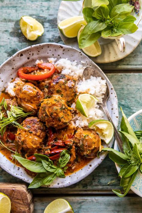 Simple Thai Chicken Zucchini Meatball Curry. - Half Baked Harvest Half Baked Harvest Chicken, Thai Chicken Meatballs, Meatball Curry, Zucchini Meatballs, Red Curry Sauce, Curry Meatballs, Half Baked Harvest Recipes, Chicken Zucchini, Roasted Chicken Breast