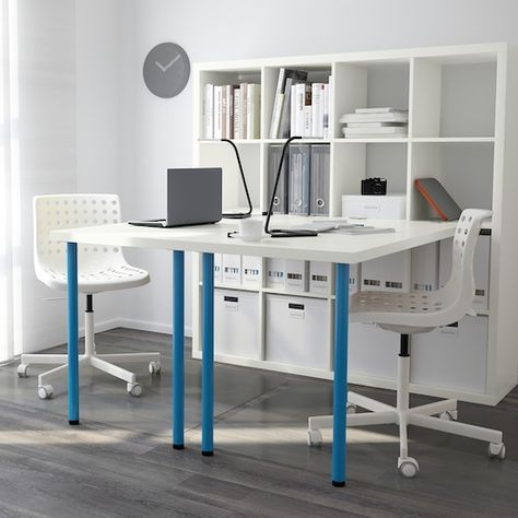 KALLAX Workstation, white, blue, 57 7/8x57 7/8x62 5/8" - IKEA Kallax Workstation, Ikea Kallax Desk, Kallax Desk, Ikea Linnmon, Office Loft, Kallax Shelf Unit, Ny Apartment, Lego Organization, Crafting Space