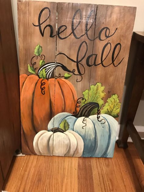 that is butifule Fall Paintings On Wood Easy, Fall Pallet Painting Ideas, Painted Pumpkins On Wood, Fall Painted Signs On Wood, Fall Pumpkin Paintings On Canvas, How To Paint A Pumpkin On Canvas, Diy Classy Halloween Decorations, Fall Paint Party Ideas, Small Fall Paintings