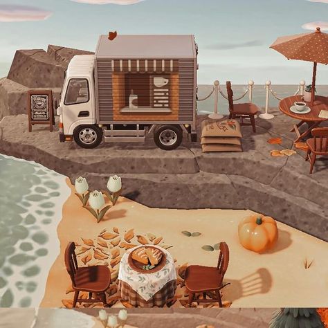 Lauren ♡ on Instagram: "🍂A little coffee truck on the rocks🍂  Preset is Yavan by @acnh.balar  check out my amazing partners! @acorn.oats @woodsy.crossing @bunbee.gaming @cosy.chey @swagfroggychairs @acnh.hakuisland @marigoldsmemories @bugscozy  🔑 - animal crossing new horizons nintendo switch autumn cozy gamer acnh inspo island design   🏷#animalcrossing #animalcrossingnewhorizons #animalcrossinginspo #acnh" Animal Crossing Small Spaces Ideas, Acnh Brewster Rewards, Acnh Pop Up Shop, Animal Crossing Cozy Island Ideas, Animal Crossing Moody Island, Animal Crossing Island Styles, Animal Crossing Autumn Island Ideas, Acnh Cosy Island, Animal Crossing Woodsy Island