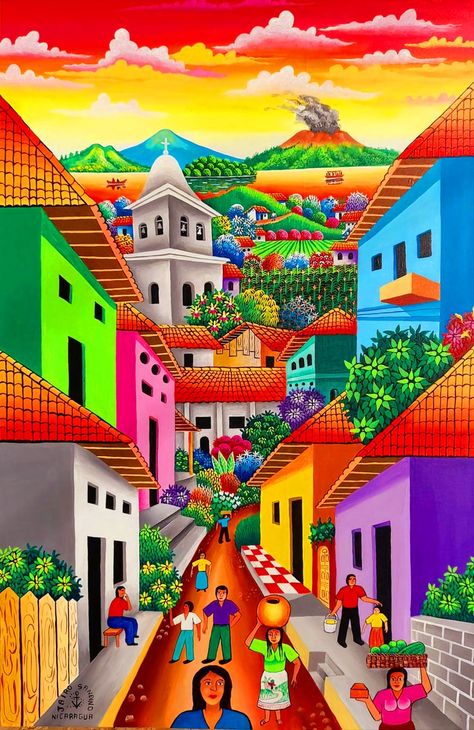 El Salvador Art, Mexican Art Painting, Modern Art Canvas Painting, Whimsical Art Paintings, Mexico Art, Colourful Buildings, Cottage Art, Diy Diamond Painting, Naive Art