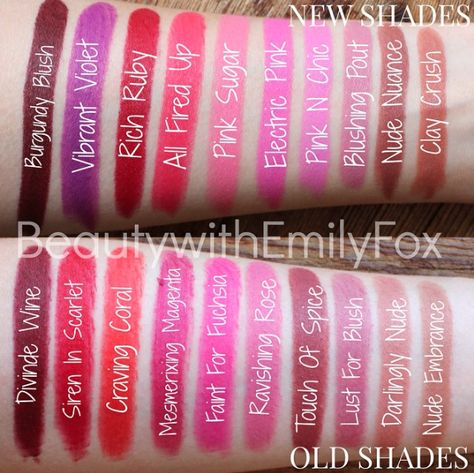 Swatch comparison between the Original shades and the New ones from the Maybelline Creamy Matte Lipsticks! Nude Nuance is more brown and lighter than Touch of Spice.  Blushing Pout is lighter less mauve than Lust for Blush.  Divine Wine is lighter and more berry than Burgundy Blush.  Btw they're currently out in the U.S. and they're permanent. They'll be out in Canada in November and will be limited edition! Maybelline Divine Wine, Maybelline Creamy Matte Lipstick, Maybelline Matte Lipstick, Maybelline Color Sensational, Matte Lipsticks, Lip Swatches, Makeup Quotes, Lipstick Swatches, Makeup To Buy