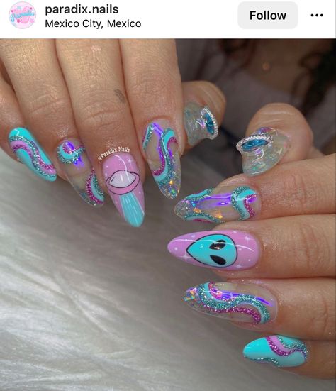 Nails For Music Festival, Neon Nails With Gems, Cowboy Bebop Nails, Excision Nails, Edc Nails Rave, Electric Forest Nails, Vaporwave Nails, Festival Nails Coachella, Trippy Almond Nails