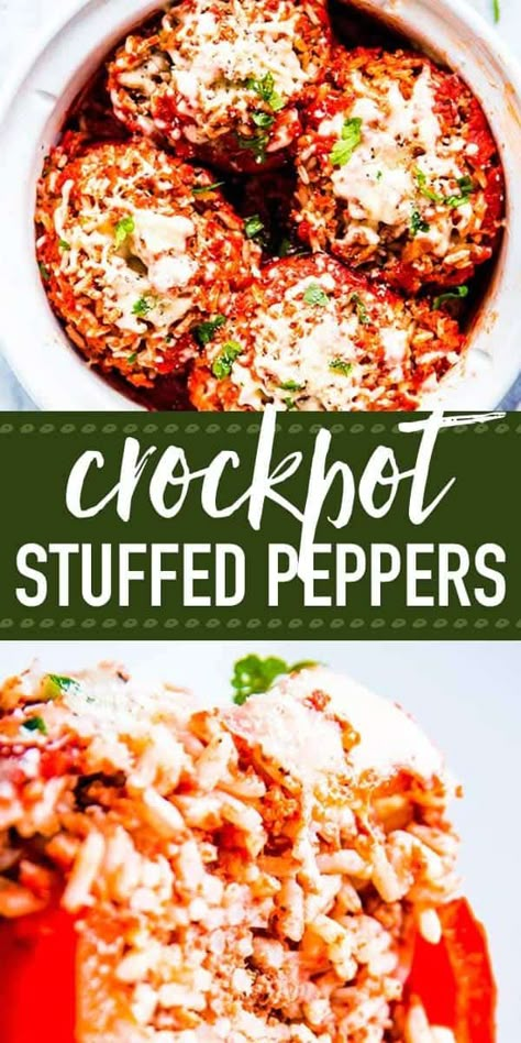 Slow Cooker Stuffed Peppers Image Pin 1 Crockpot Stuffed Peppers Easy, Stuffed Bell Peppers Crockpot Recipe, Crock Pot Stuffed Peppers, Crockpot Vegetables, September Recipes, Cooking Stuffed Peppers, Crockpot Stuffed Peppers, Slow Cooker Stuffed Peppers, Easy Stuffed Peppers