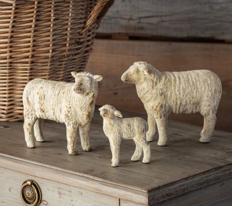 set of three aged sheep Dimensions Item Height 6.5" Item Length 8.46" Item Width 3.54" Rustic Farmhouse Living Room Decor Farm Houses Country Style, European Cottage Kitchen, Vintage Farmhouse Christmas, French Wine Labels, Sheep Wall Art, Farmhouse Tabletop, French Country Collections, Country Candle, Country Shop