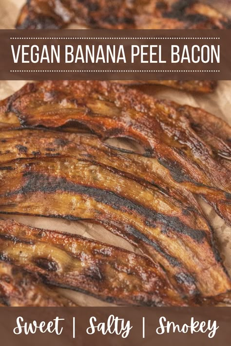 This banana peel bacon has such a satisfying snap and is actually so reminiscent of real bacon, it’s kind of crazy. But it's not only delicious, it's also a great way to use up banana peels and cut back on food waste! Trust us when we say this is one of @rodgersm22 best recipes yet. You don't have to take our word for it, try it for yourself! #veganbacon #veganbaconrecipe #veganmeals #veganmealsforbeginners #veganbreakfast #veganbreakfastrecipe #veganrecipes #veganmeals #veganfood #plantbased Healthy Bacon Alternatives, Banana Peel Bacon Recipe, Banana Bacon Recipes, Banana Peel Recipes, Banana Peel Bacon, Banana Bacon, Vegan Bacon Recipe, Vegan Breakfast Recipes Healthy, Banana Peel Uses