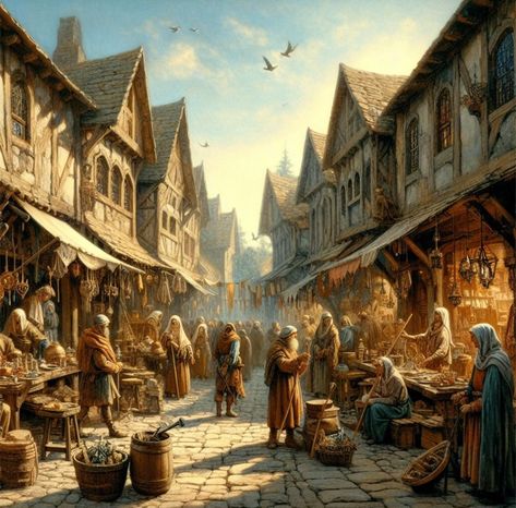 Dnd Town Aesthetic, Medieval Market Aesthetic, Medieval Kingdom Aesthetic, Fantasy Market, Kingdom Illustration, Medieval Tavern, Fantasy Village, Medieval Market, Fantasy Town