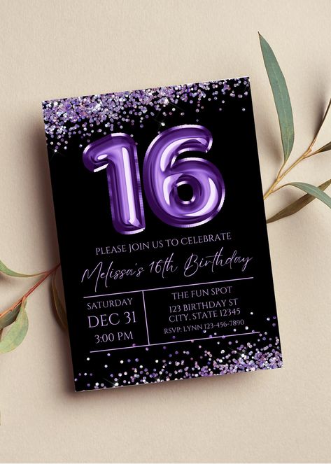 Sweet 16 Invitations Purple, Sweet 16 Purple, Invitation Sweet 16, Purple Birthday Invitations, Purple Sweet 16, Euphoria Party, Sweet 16 Party Decorations, Sweet Sixteen Birthday Party Ideas, 16 Balloons