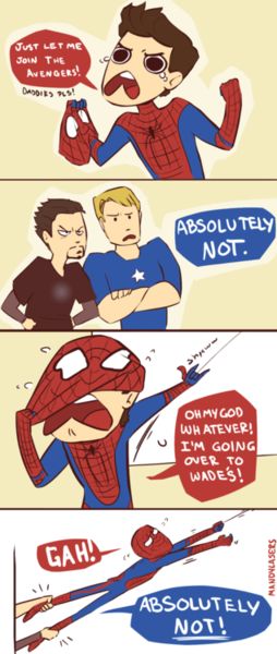 • My art tony stark Steve Rogers peter parker stereotypes SuperFamily captaingalaga • Avengers Humor, Deadpool And Spiderman, Funny Marvel Memes, Avengers Comics, Marvel Avengers Funny, Dc Memes, Avengers Memes, Marvel Jokes, Marvel 3