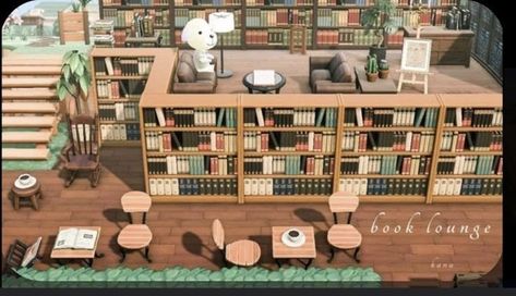 Acnh Island Library, Reading Area Animal Crossing, Things To Make In Animal Crossing, Animal Crossing Library Ideas, Acnh Date Spot, Outdoor Library Animal Crossing, Acnh Outdoor Library Ideas, Animal Crossing Island Inspiration Town Square, Animal Crossing Library Outdoor