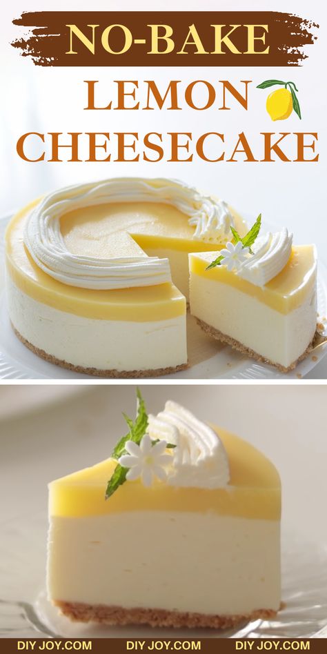 No-Bake Lemon Cheesecake Recipe via @diyjoycrafts No Bake Lemon Cheesecake Recipes, Philadelphia Lemon Cheesecake, Lemon Cheesecake No Bake, Diy Cheesecake, Lemon Cheesecake Recipe, Easy Lemon Cheesecake, Lemon Curd Cheesecake, Icebox Cakes, Cheese Cake Filling