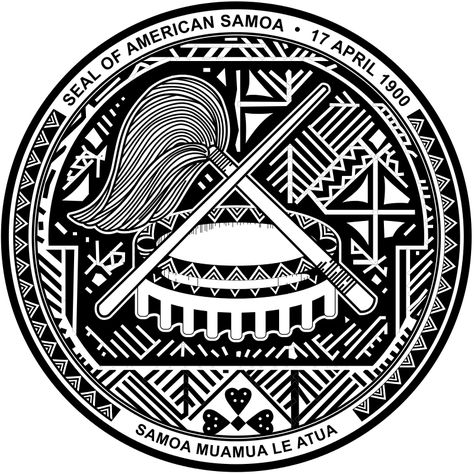 Coat of Arms of American Samoa showing the symbols of matai status - to'oto'o orator's staff and fue fly whisk. The round tanoa (or laulau) vessel represents the 'ava ceremony, central to Samoan traditions. Samoan Patterns, Filipino Tattoos, Polynesian Art, Marquesan Tattoos, Samoan Tattoo, American Samoa, Coat Of Arm, South Pacific, Samoa