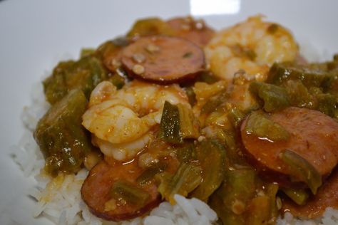 Smothered Okra with Sausage & Shrimp Smothered Okra, Sausage Shrimp, Okra And Tomatoes, Shrimp Sausage, Cajun Dishes, Okra Recipes, Cajun Cooking, Louisiana Recipes, Creole Recipes