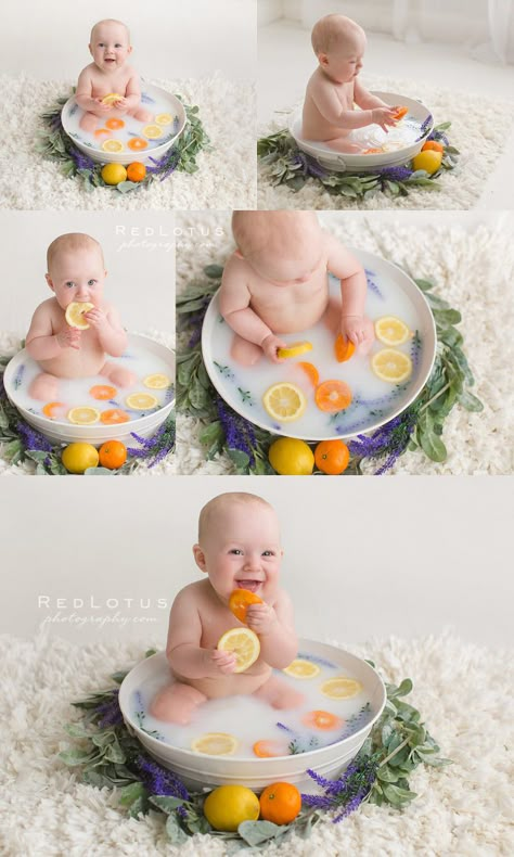 Baby Milk Bath Photos | Fruit and Flower Fun! One Year Old Milk Bath Photos, Milk Bath With Fruit, Milk Bath Photoshoot Ideas, Bath Tub Baby Photoshoot, Summer Milk Bath Baby, Baby Boy Milk Bath Photoshoot, Fruit Milk Bath Photography, Diy Baby Photography, Baby Boy Milk Bath Pictures