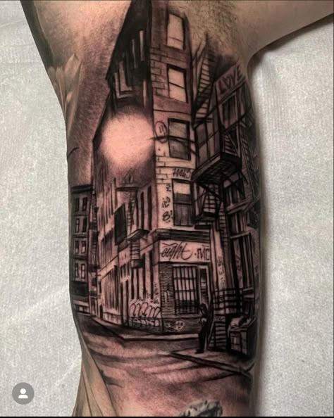 Cityscape Tattoo Design, Urban Tattoos Designs, City Tattoo Design, Brick Wall Tattoo, Nyc Skyline Tattoo, Building Tattoo, Urban Tattoos, Skyline Tattoo, Flying Bird Tattoo