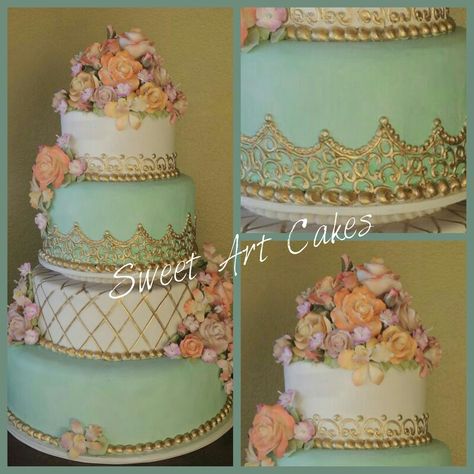 Mint green and gold icing with gumpaste flowers. Mint Green Quinceanera Ideas, Gold Icing, Gold Quinceanera Theme, Quince Cakes, Quince Cake, Quinceanera Cakes, Gumpaste Flowers, Garden Cakes, Quinceanera Ideas