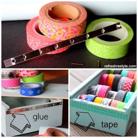 Diy Washi Tape Dispenser, Tape Dispenser Diy, Diy Box Organizer, Washi Tape Organizer, Washi Storage, Washi Tape Dispenser, Box Organization, Diy Washi Tape, Dispenser Diy