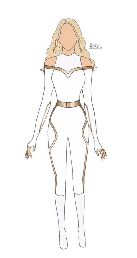 Superhero Clothes Drawing, Superhero Drawing Ideas Character Design, White And Gold Superhero Suit, White Hero Outfit, Women Superhero Costumes Drawing, Clothing Sketches Female, Super Hero Outfits For Women Drawing, Superhero Base Drawing, White And Gold Superhero Suit Female