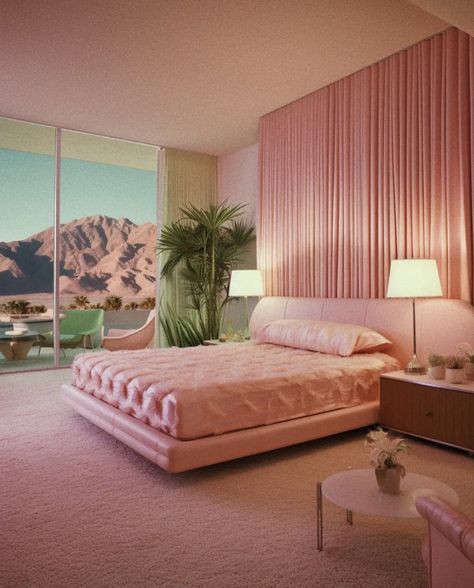 Miami Vice Bedroom Ideas, 80s Miami Aesthetic Bedroom, 80s Art Deco Bedroom, 1960s Aesthetic Decor, 80s Glam Bedroom, 80s Home Interior, 1980s Bedroom Aesthetic, 80s Aesthetic Bedroom, Retro Glam Decor