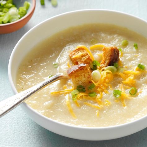 I love indulgent cream soups but not the fat that goes along with them. The velvety texture of this healthier cauliflower soup makes it feel so rich, and the spicy kick warms you from the inside out. —Teri Rasey, Cadillac, Michigan Cauliflower Soup Healthy, Low Carb Slow Cooker Recipes, Creamy Cauliflower Soup, Cauliflower Soup Recipes, Low Carb Slow Cooker, Creamy Cauliflower, Immersion Blender, Cauliflower Soup, Slow Cooker Soup