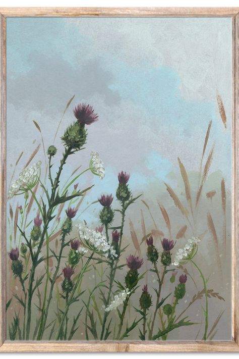 Thistle Painting Scottish Wildflowers Art Print Meadow Flowers Oil Painting Floral Landscape Wall Art Sky Blue and Beige Wall Decor by ForestArtPrint ---Printed from my original oil painting! ---Museum-quality posters made on thick and durable matte paper. Add a wonderful accent to your room and office with these posters that are sure to brighten any environment. Scottish Wildflowers, Thistle Art, Thistle Painting, Flower Palette, Painting Meadow, Beige Wall Decor, Thistles Art, Painting Museum, Scottish Painting