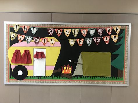 Fall camping bulletin board Camper Bulletin Board, Camping Bulletin Board, Camping Bulletin Boards, Camp Vbs, Camping Theme Classroom, Bulletin Board Ideas, Fall Camping, Theme Classroom, Classroom Bulletin Boards