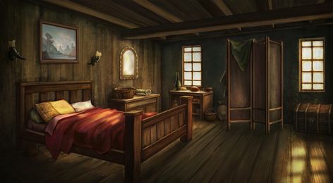 Tavern Room, Elena Cavetricorn on ArtStation at https://www.artstation.com/artwork/48geX8 Bedroom With Two Beds, Medieval Inn, Fantasy Inn, Tavern Room, Anime Bedroom, Background Artist, Kitchen Background, Sleeping Room, Old Room