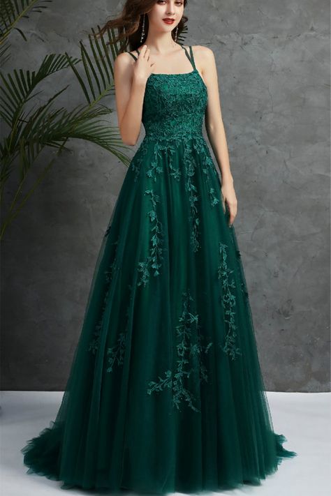 Open Back Dark Green Tulle Lace Long Evening Dress, Dark Green Lace Formal Dresses Dark Green Evening Dress, Prom Dress Dark Green, Prom Dress Dark, Green Evening Gowns, Green Evening Dress, Prom Dresses Long Lace, Green Tulle, Simple Prom Dress, Evening Party Gowns