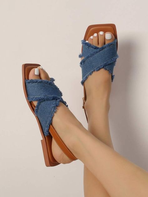 Fringe Trim Criss Cross Denim Slide Sandals | SHEIN USA Denim Slides, Casual Shoes Women Sneakers, Fancy Sandals, Diy Slippers, Women Flat Sandals, Denim Sandals, Fashion Shoes Sandals, Denim Handbags, Fashion Slippers