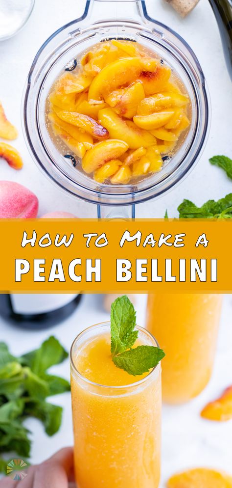 Olive Garden Peach Bellini Recipe, Peach Champagne Drink, White Peach Bellini, Peach Mimosas, Fresh Peach Bellini Recipe, Fresh Peach Drinks Alcohol, Peach Fuzz Drink, Belini Recipe Easy, Peach Drink Recipes