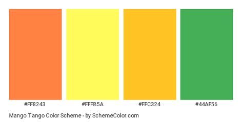 Download Mango Tango color scheme consisting of #FF8243, #FFFB5A, #FFC324 and #44AF56. This 4 colors palette has been categorised in Green, Orange and Yellow color categories. Mango Color Palette, Color Categories, Mango Tango, Color Palette Yellow, Colors Palette, Orange And Yellow, Green Orange, Yellow Color, Tango